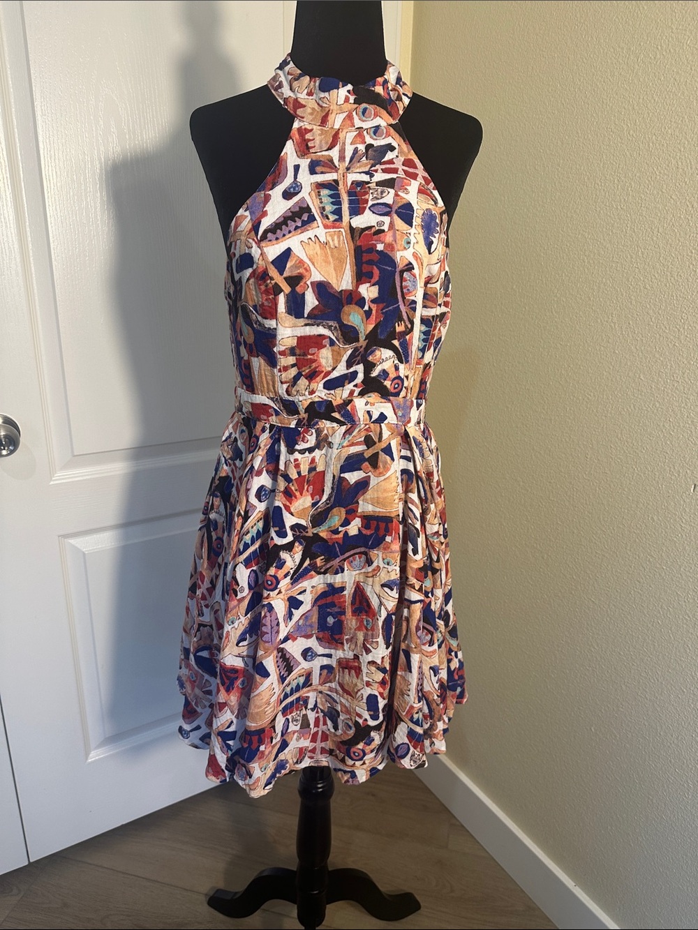 Lulus Metamorphosis Cream Multi Print Backless Skater Dress. Size Medium